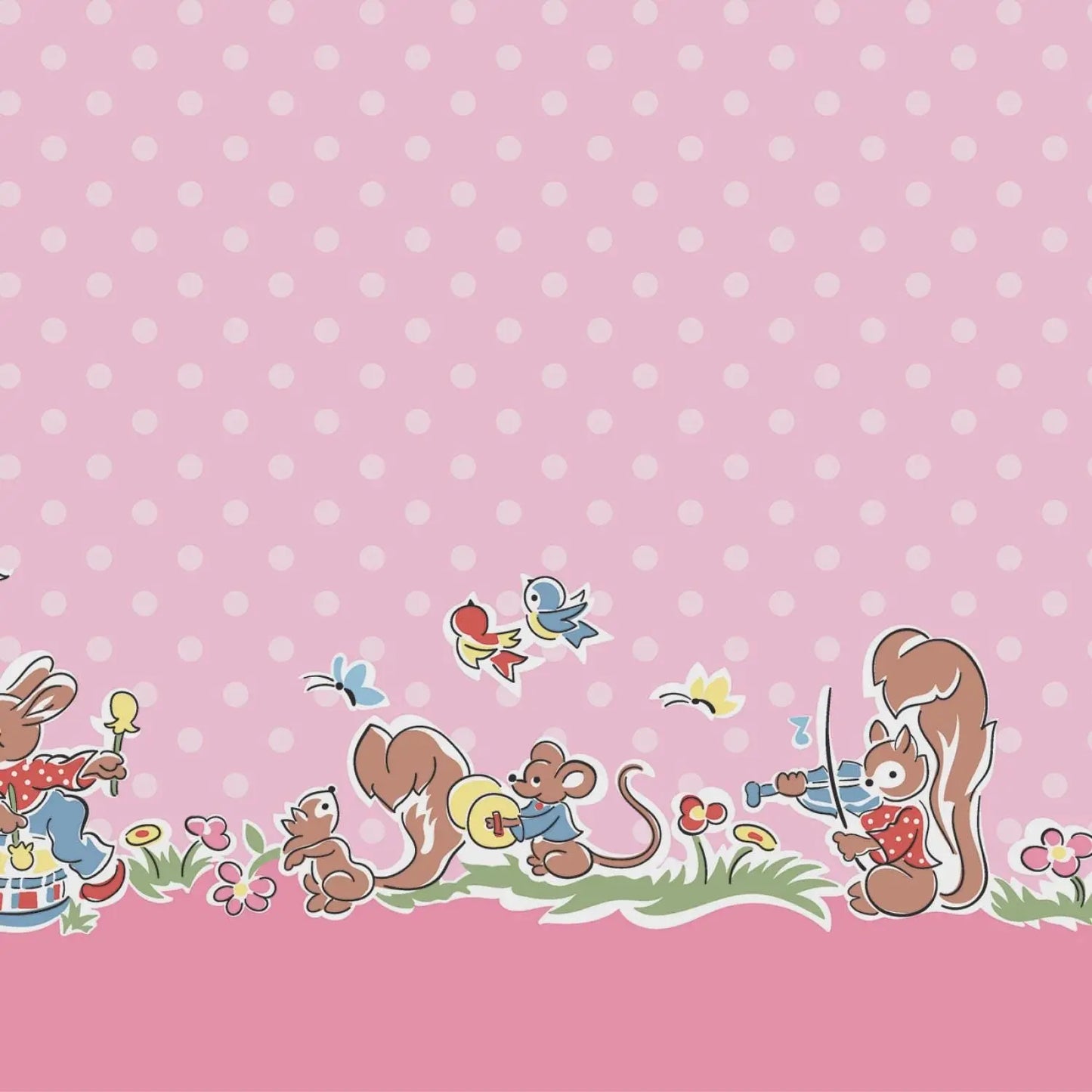 Cartoon animals on a pink polka dot background