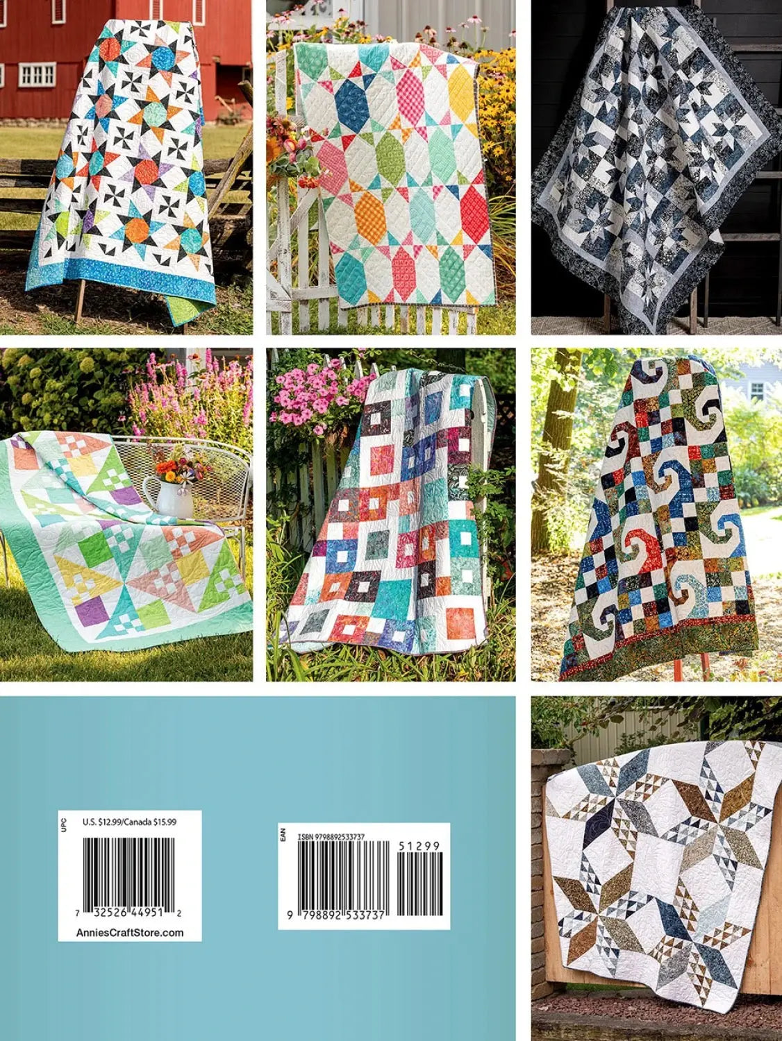 Colorful pictures of 7 different quilt design patterns that are inside the book