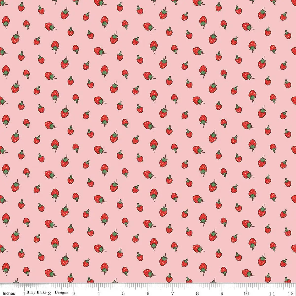 Pattern of red strawberries on a pink background with a ruler at the bottom.