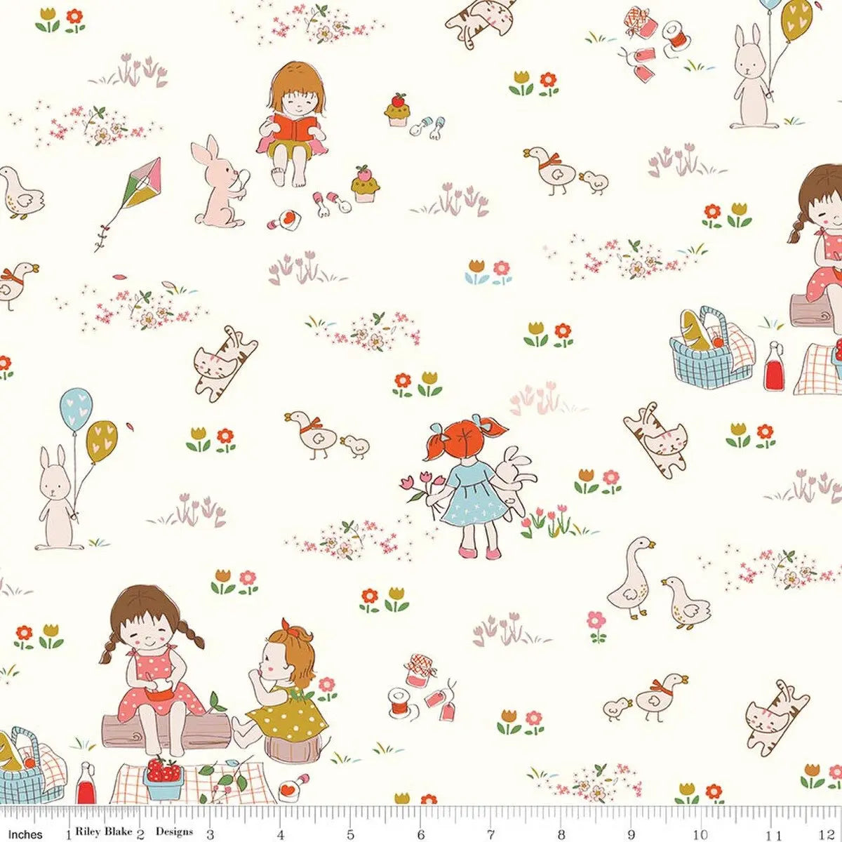 Children's fabric with cartoon characters, flowers, and animals on a white background