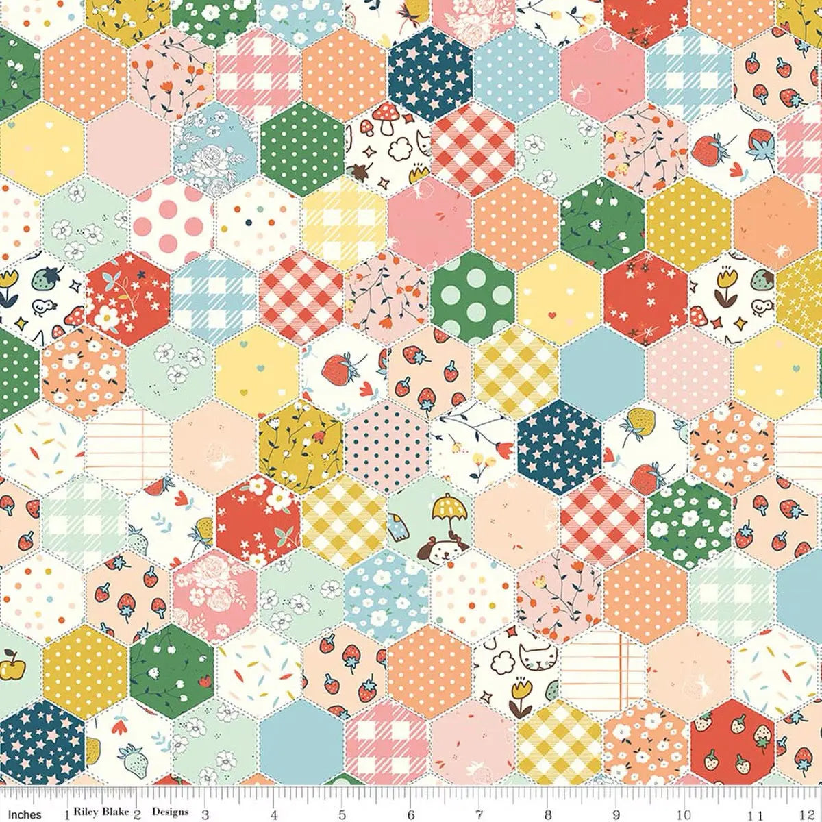 Colorful hexagonal pattern fabric with various designs on a white background