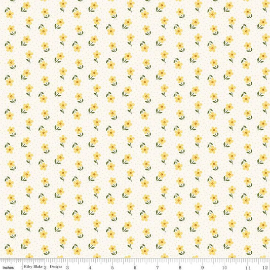 Pattern of small yellow flowers on a white background
