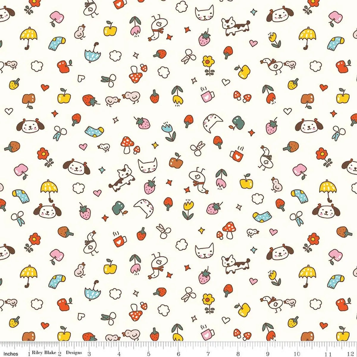 Patterned fabric with cartoon characters and objects on a white background