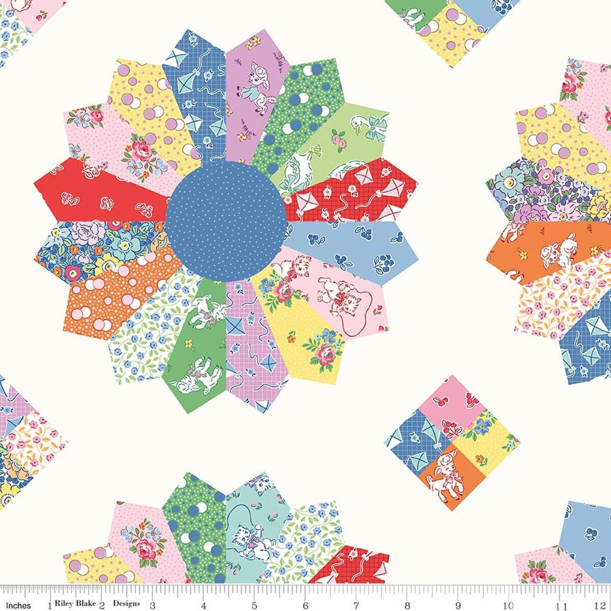 Colorful quilt block pattern with a ruler for scale on a white background