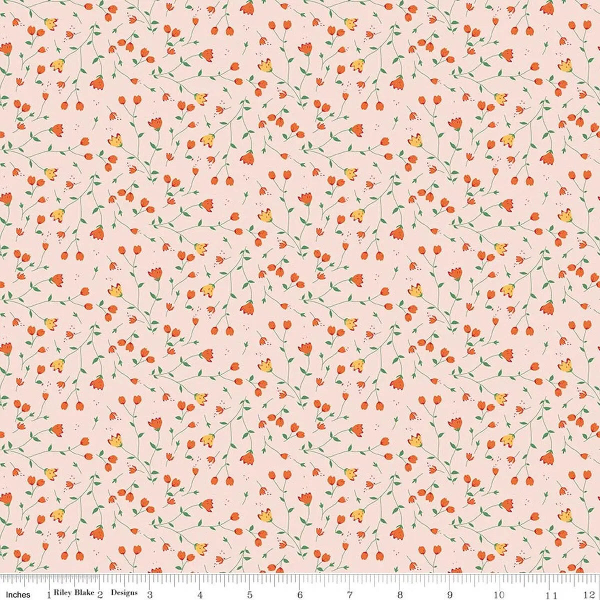 Floral pattern fabric with small orange and yellow flowers on a pink background