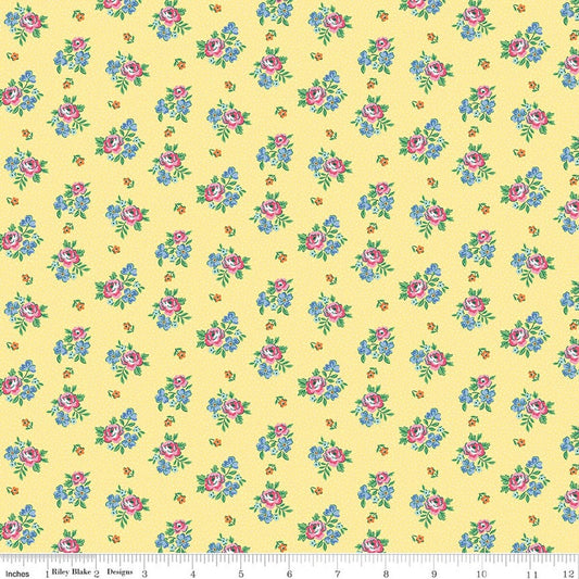 Floral pattern fabric swatch on a yellow background