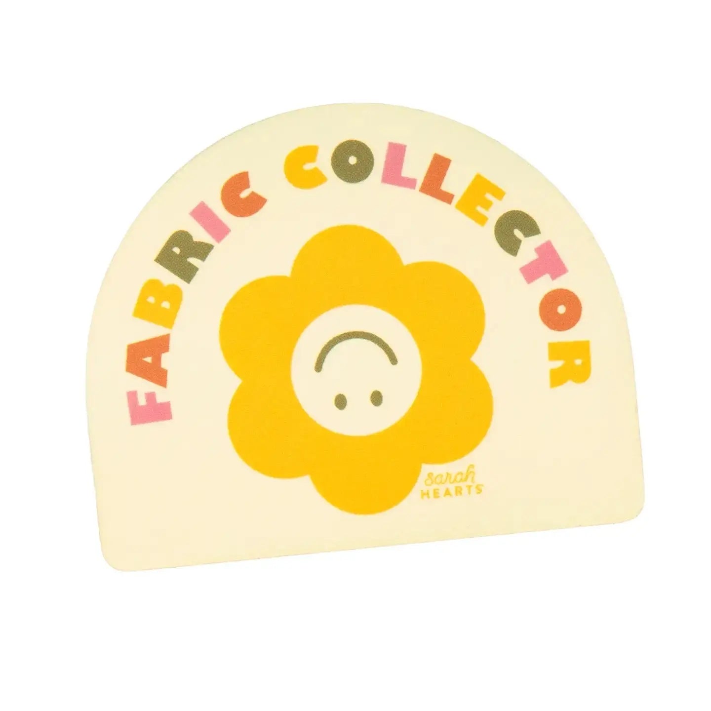 Fabric Collector with a yellow flower design and colorful text on a white background