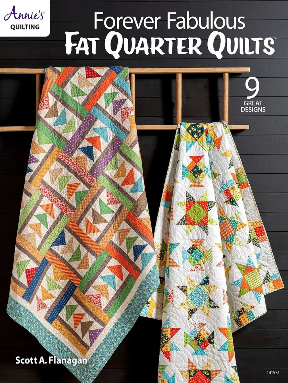 Front of Forever Fabulous Fat Quarter Quilts showing 2 quilts hanging on a ladder and also 9 great designs