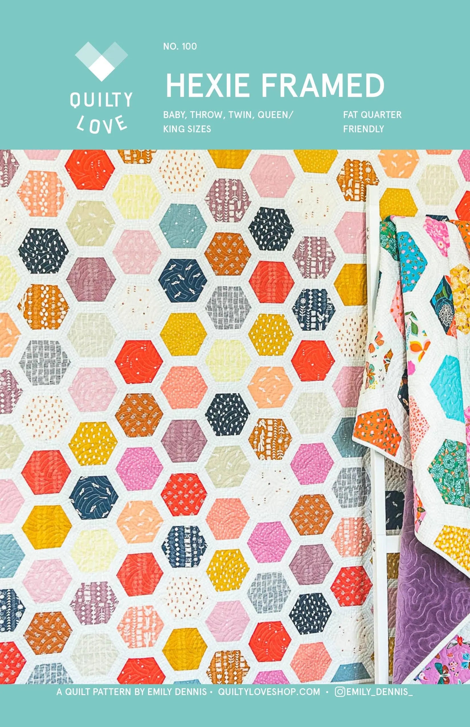 Hexie Framed quilt pattern by Quilty Love with colorful hexagonal patterns on a teal background.