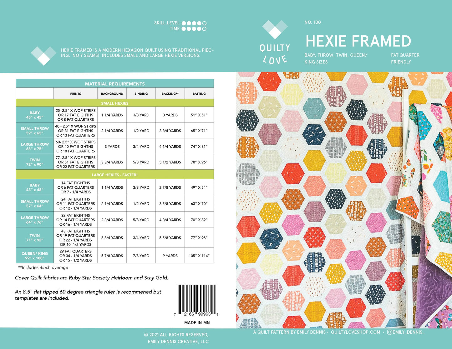 Quilt pattern book with colorful hexagonal fabric design on a teal background