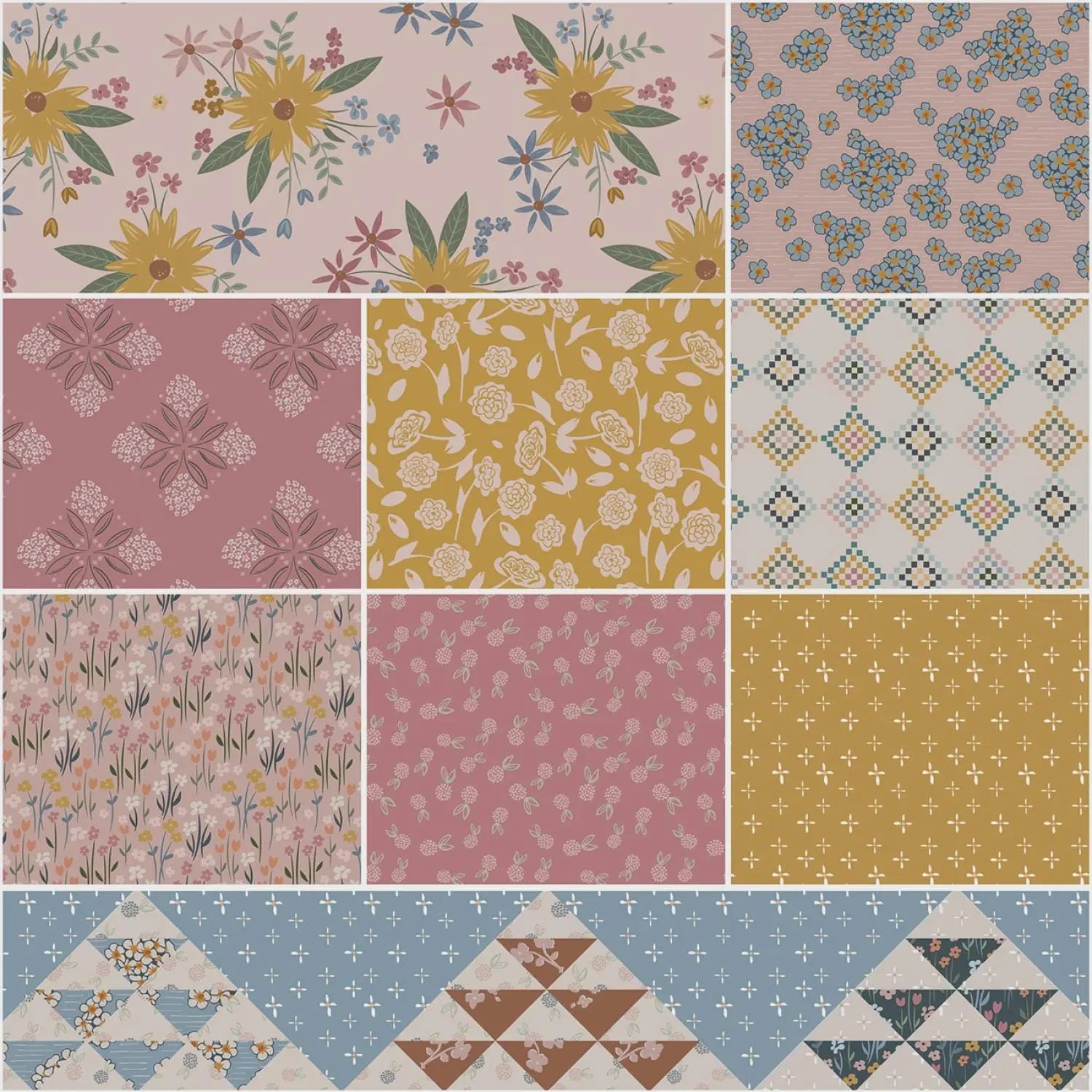 Grid of various floral and geometric patterned fabric swatches.