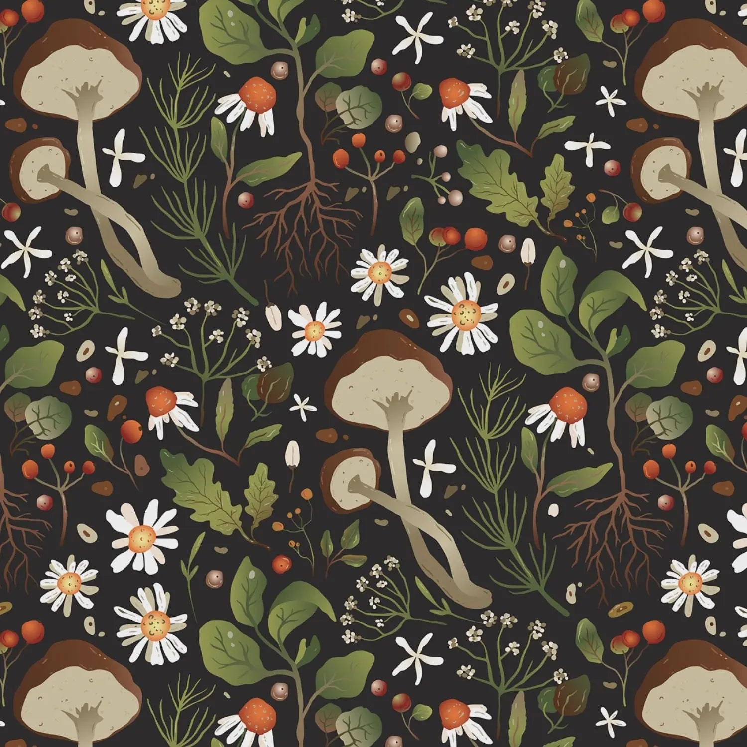 Mushroom and flower pattern on a dark background