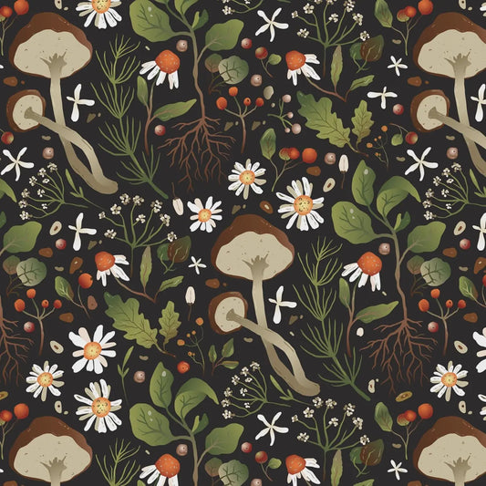 Mushroom and flower pattern on a dark background
