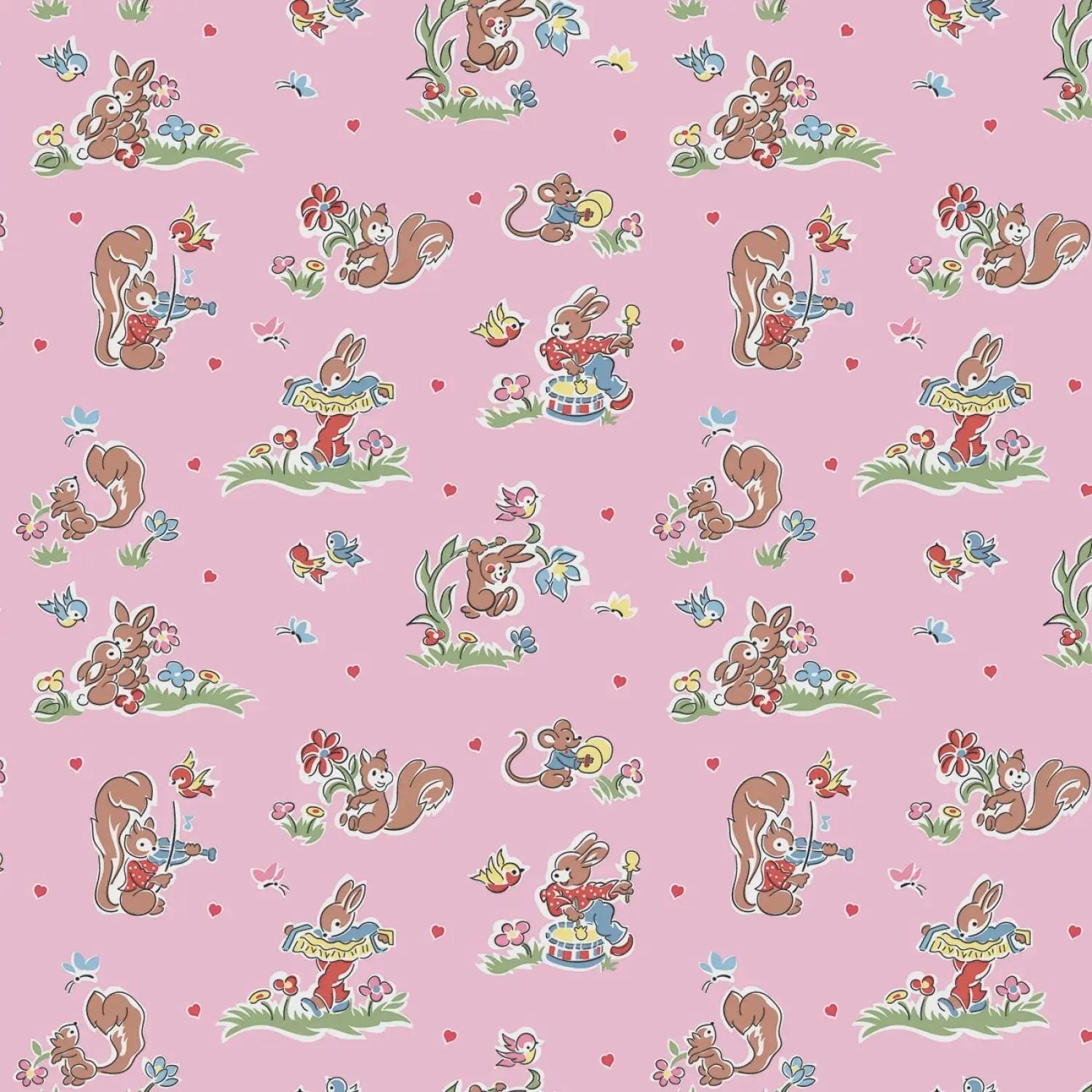 Pattern of cartoon animals on a pink background
