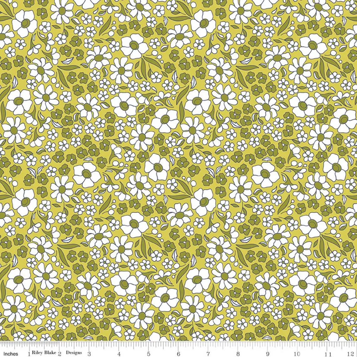 Floral pattern with white flowers on a yellow green background