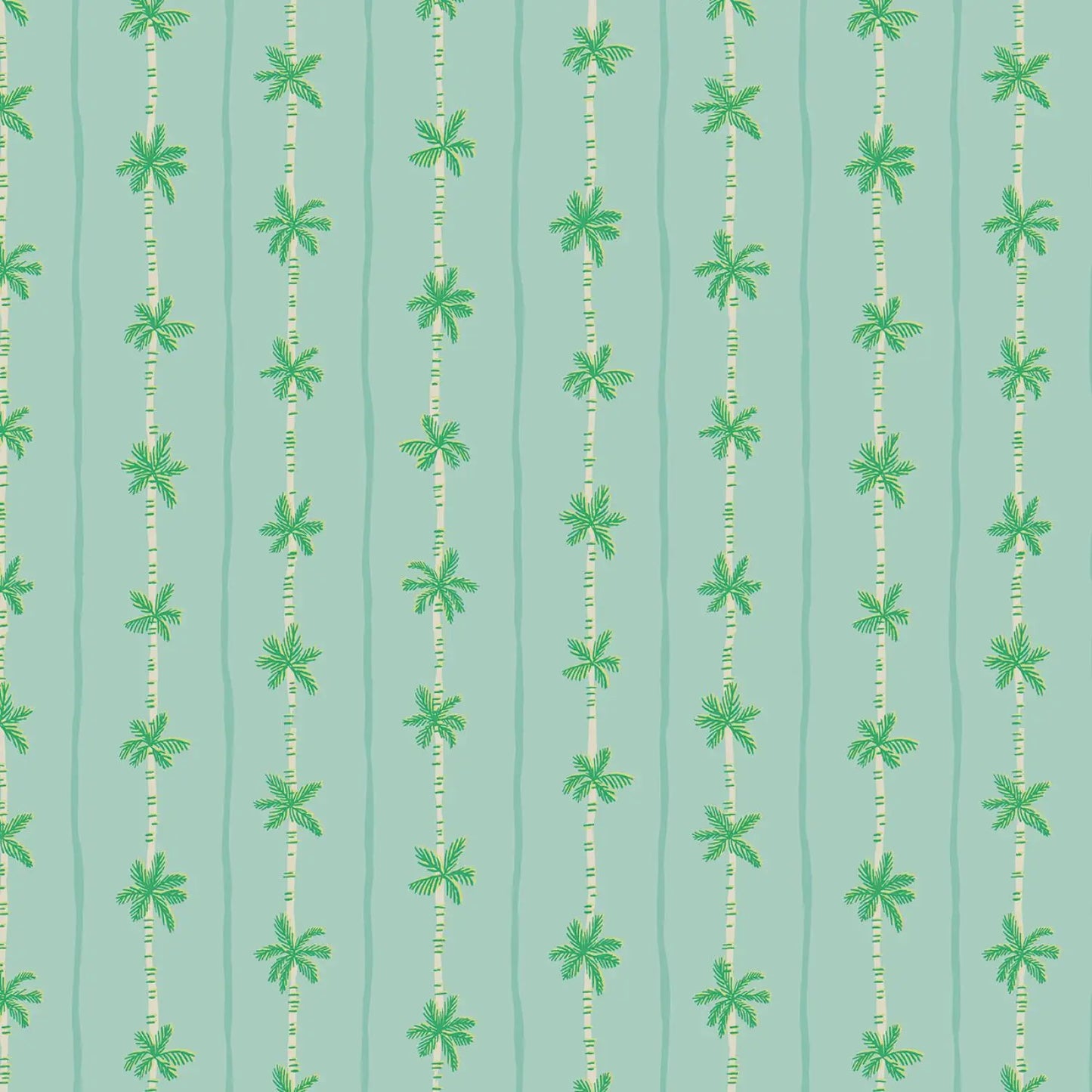 Pattern of green palm trees on a teal background