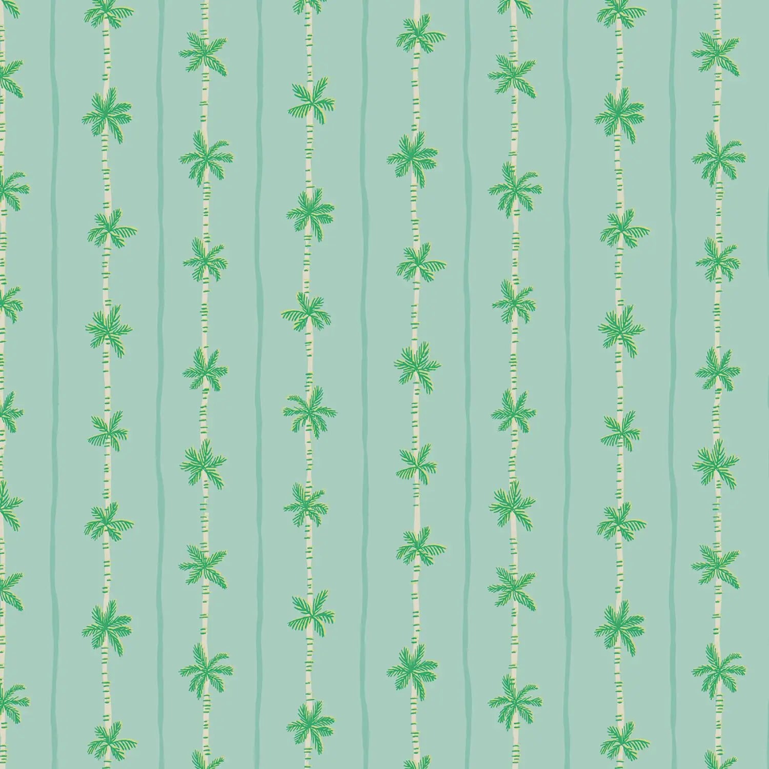 Pattern of green palm trees on a teal background