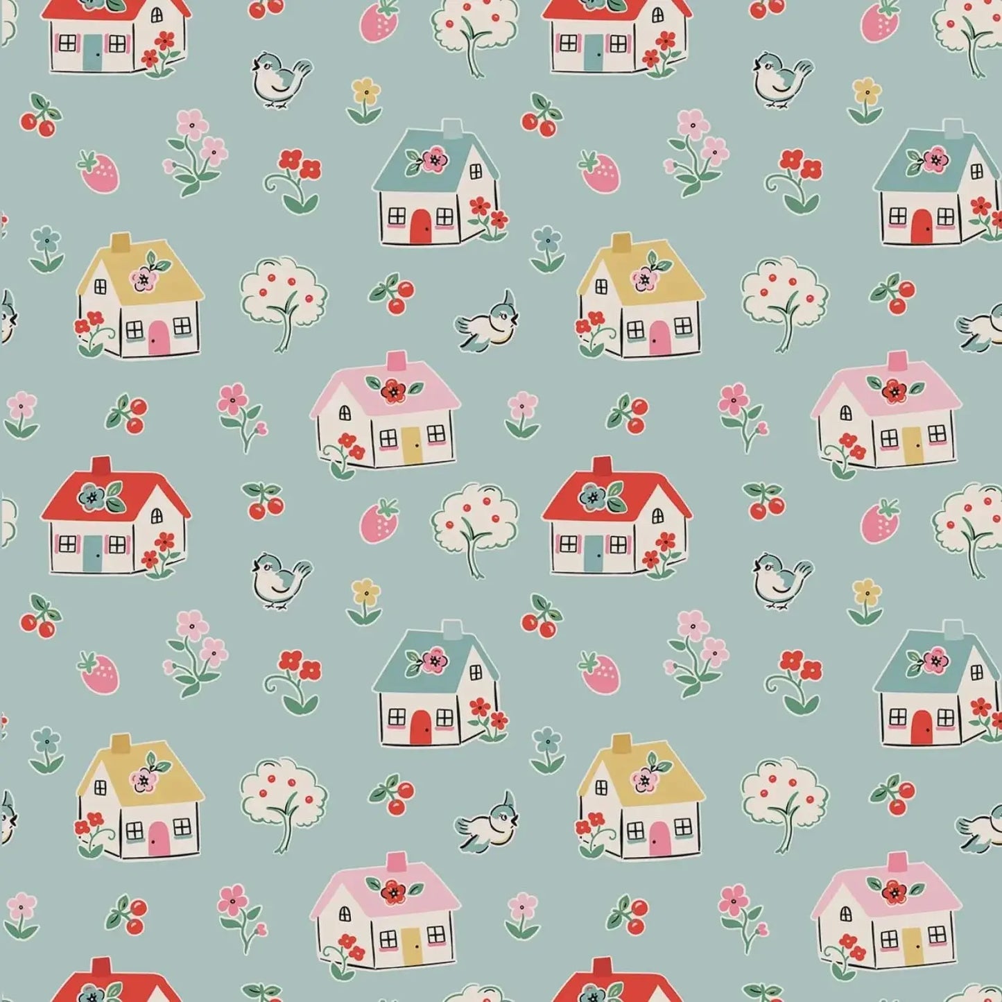 Pattern of small houses, birds, and flowers on a light blue background