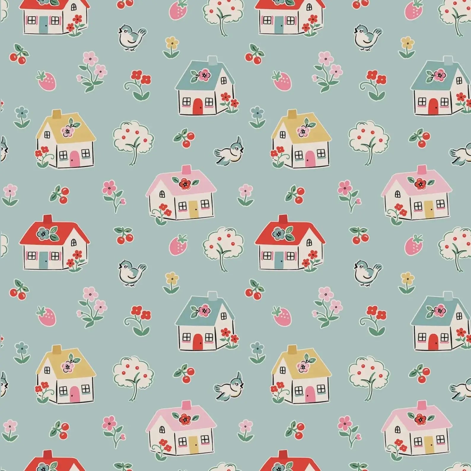 Pattern of small houses, birds, and flowers on a light blue background