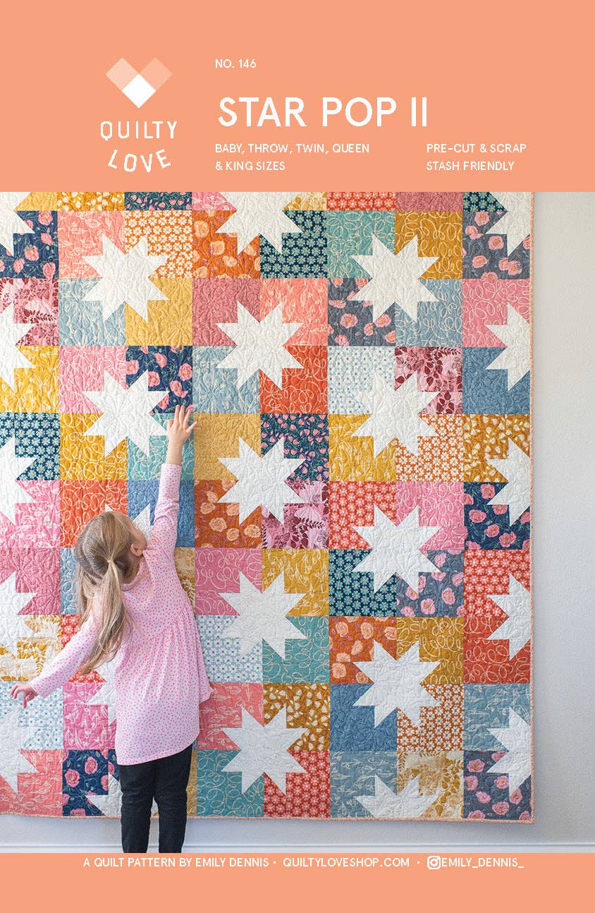 Quilt pattern cover for 'Star Pop II' with a child touching a star-shaped patch.