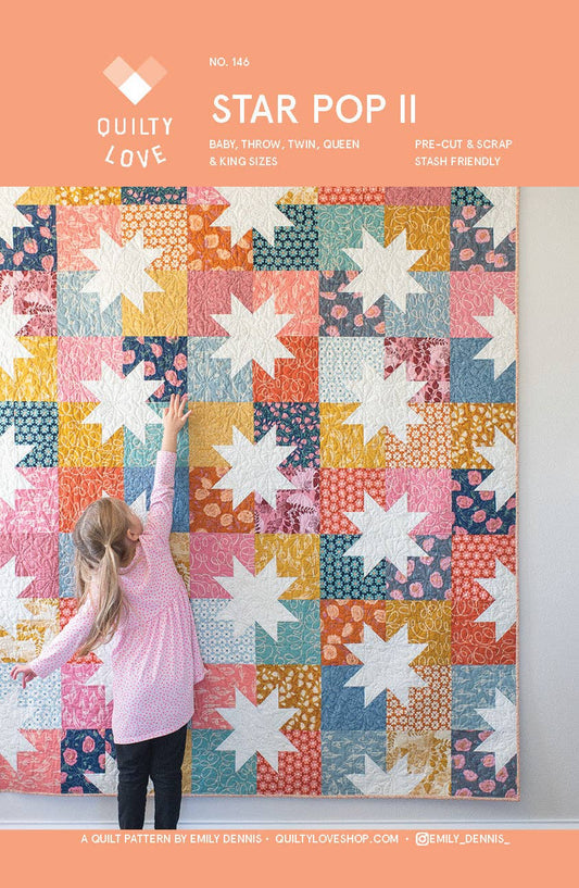Quilt pattern cover for 'Star Pop II' with a child touching a star-shaped patch.