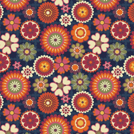 Navy Groovy Blooms Fabric, Michael Miller Fabrics, 100% Quilt Cotton Fabric Groovy Quilt Co