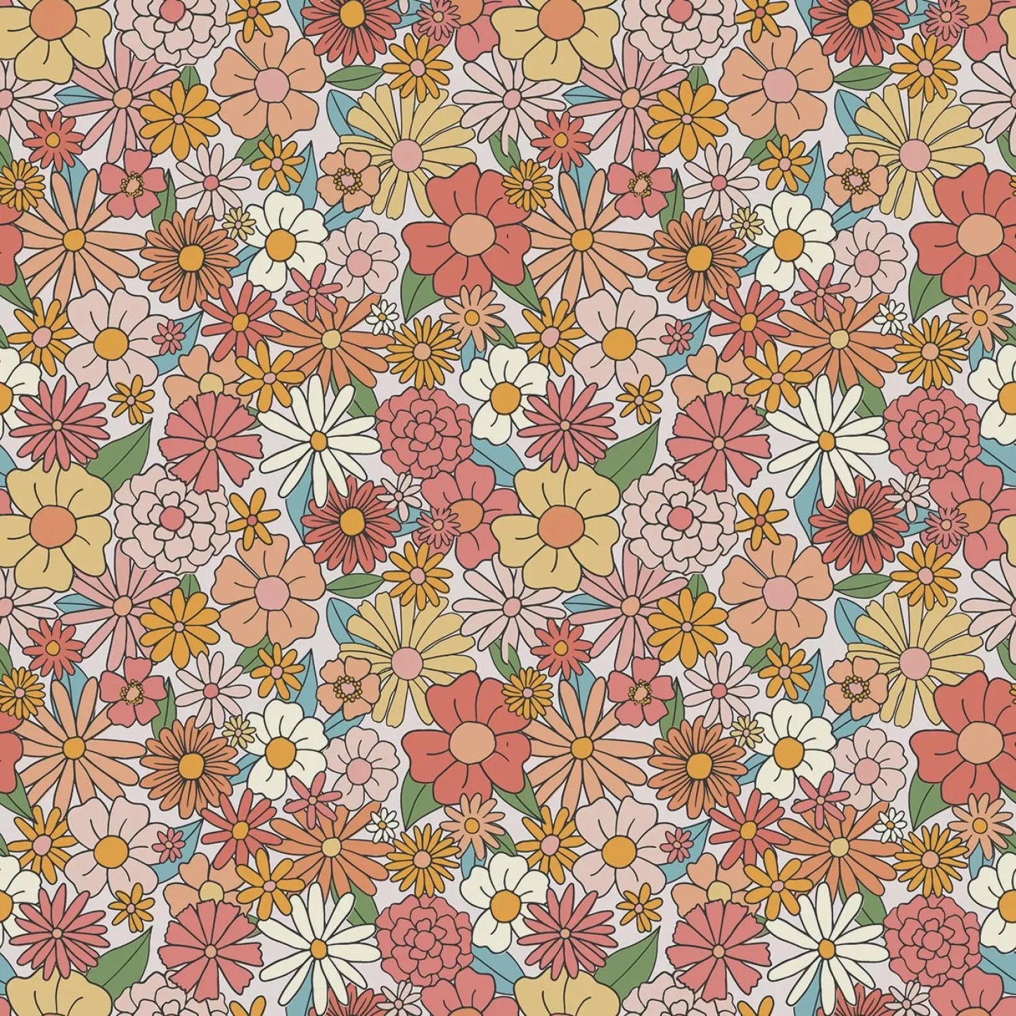Colorful floral pattern with various flowers on a white background. Fabric is called Besties Floral Cotton Fabric by Riley Blake Designs