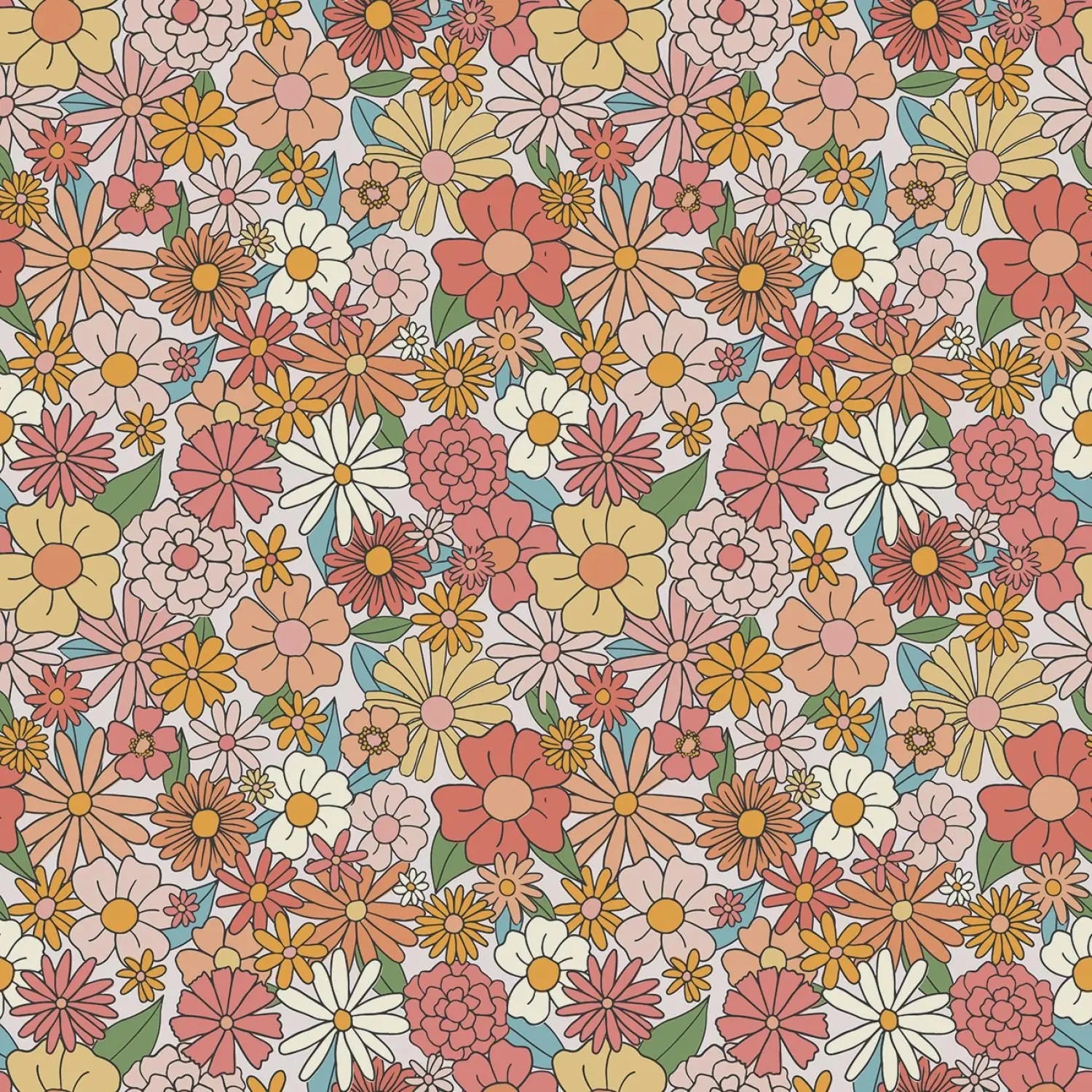 Colorful floral pattern with various flowers on a white background. Fabric is called Besties Floral Cotton Fabric by Riley Blake Designs
