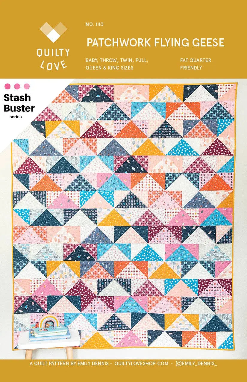 Quilt pattern cover for 'Patchwork Flying Geese' by Quilty Love with colorful patchwork design.