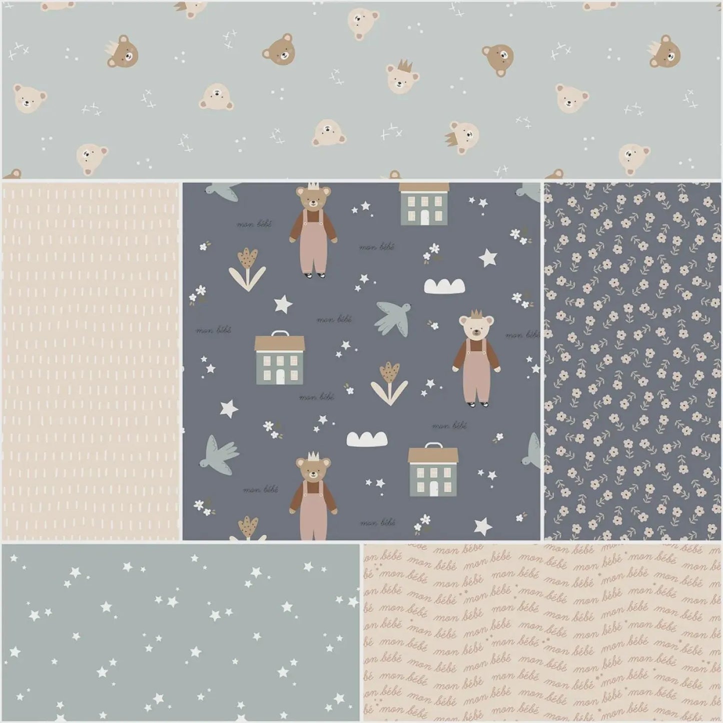 Cozy Bebe Blue 1 Yard Bundle, Riley Blake Designs - Designed by Simple Simon Collection, 100% Quilt Cotton Fabric Bundle Groovy Quilt Co