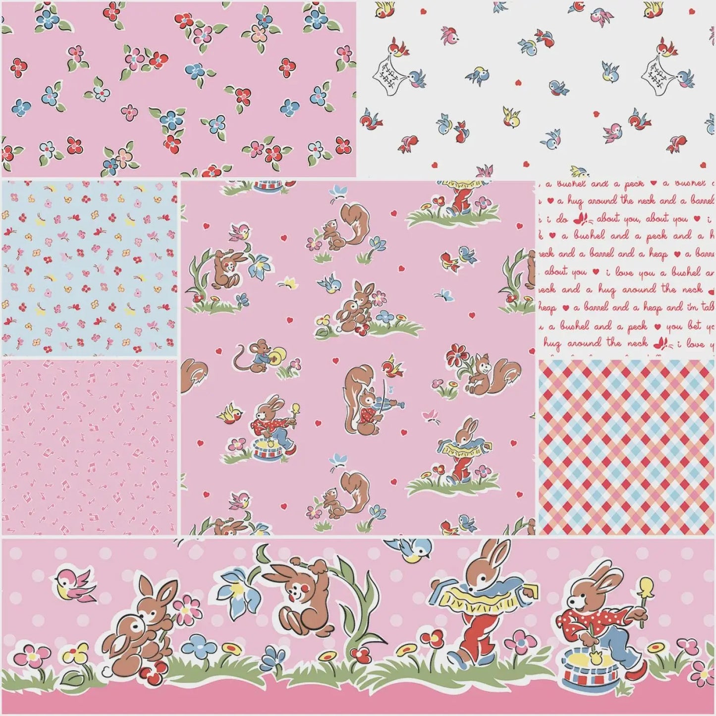 Collection of colorful fabric patterns featuring cartoon animals and floral designs on a pink background.
