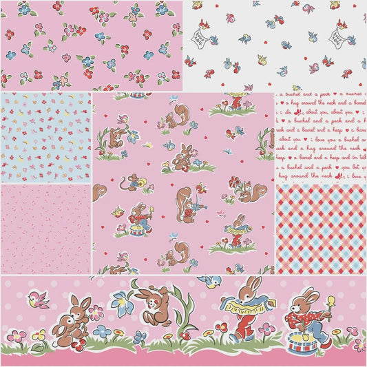 Collection of colorful fabric patterns featuring cartoon animals and floral designs on a pink background.