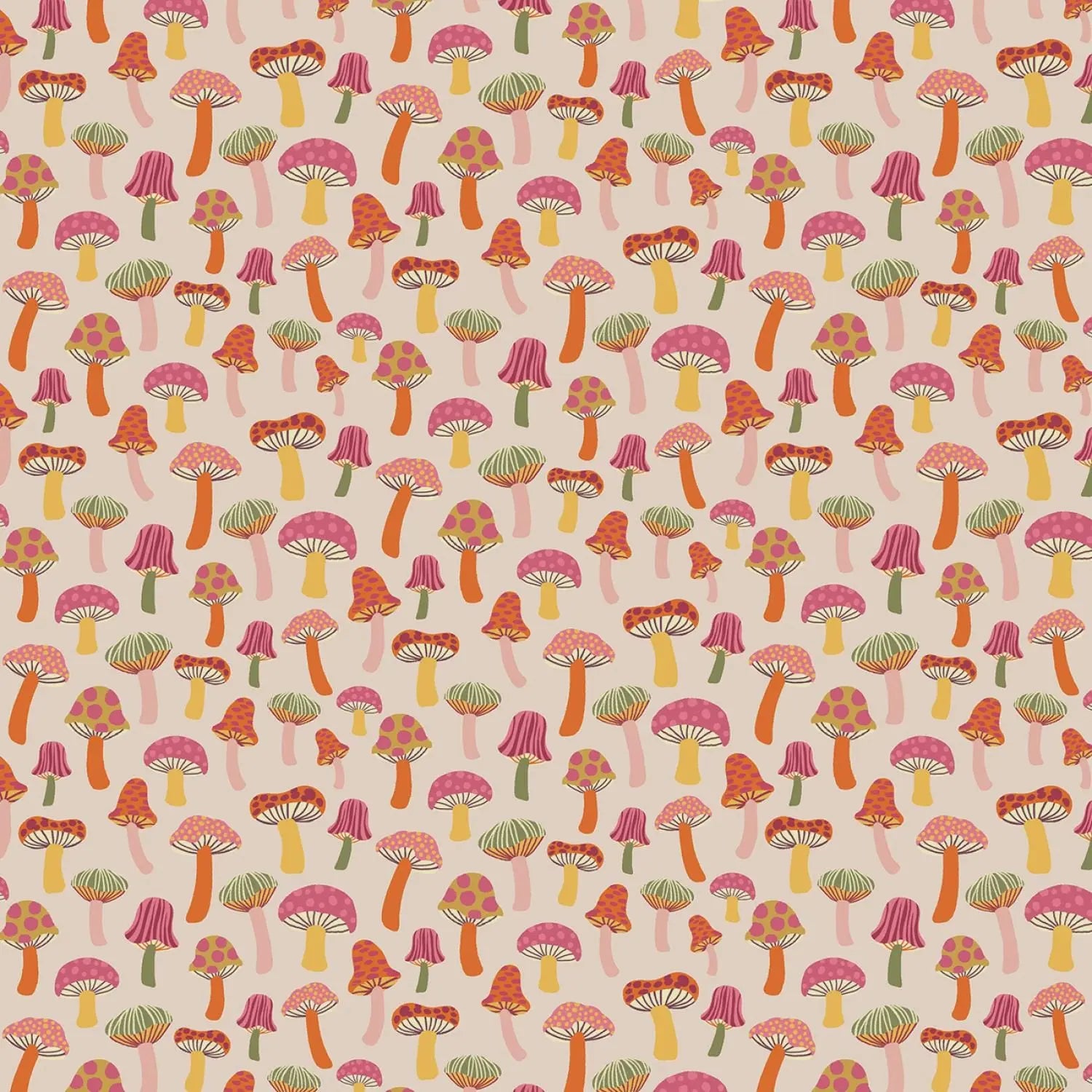 Pattern of colorful mushrooms on a beige background