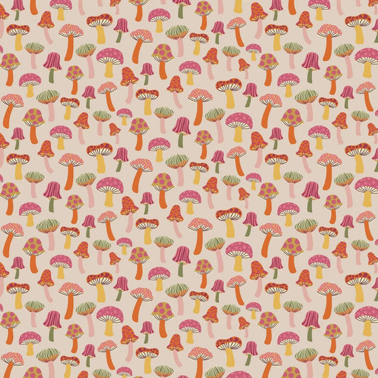 Pattern of colorful mushrooms on a beige background