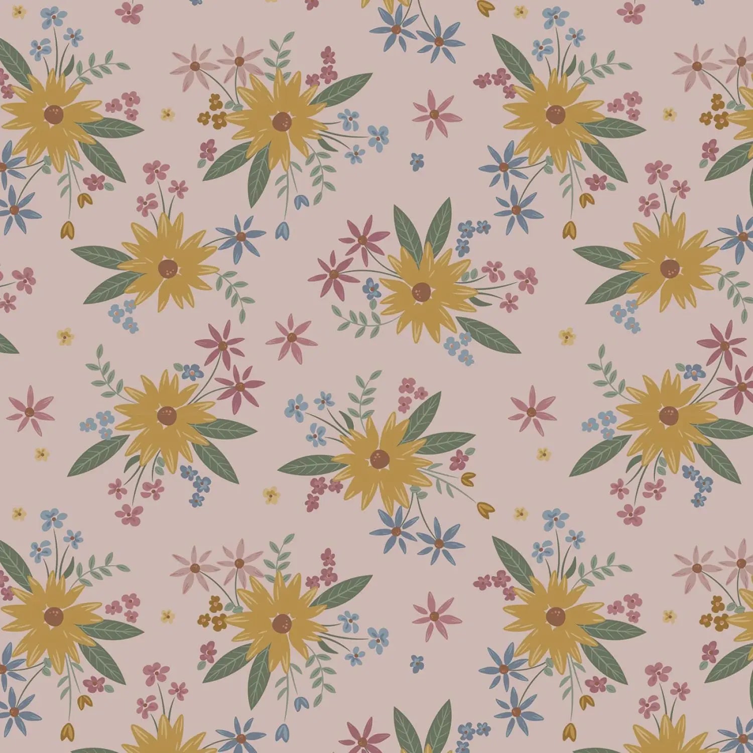 Floral pattern with yellow flowers and green leaves on a pink background