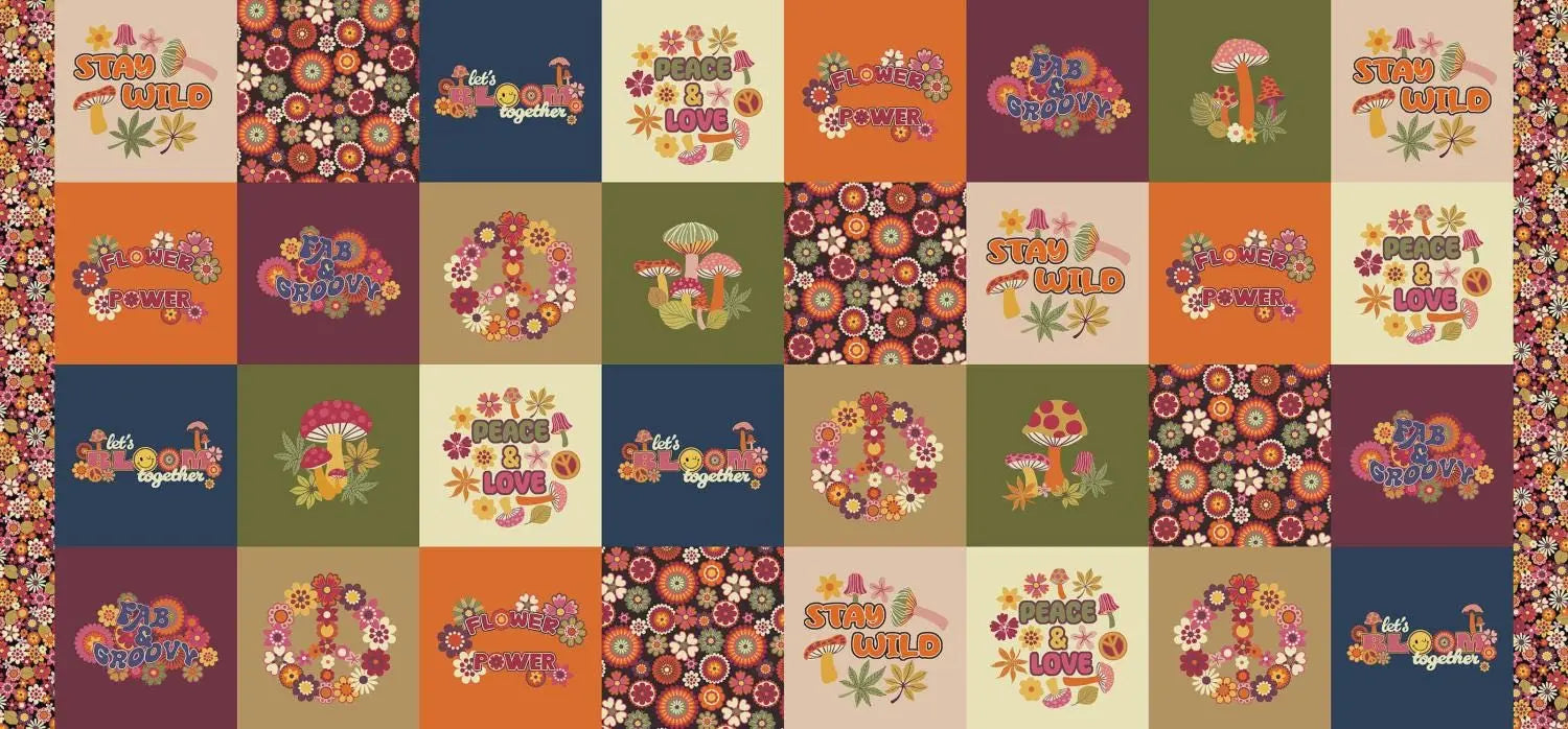 Patchwork pattern with colorful text and floral designs on a multicolored background