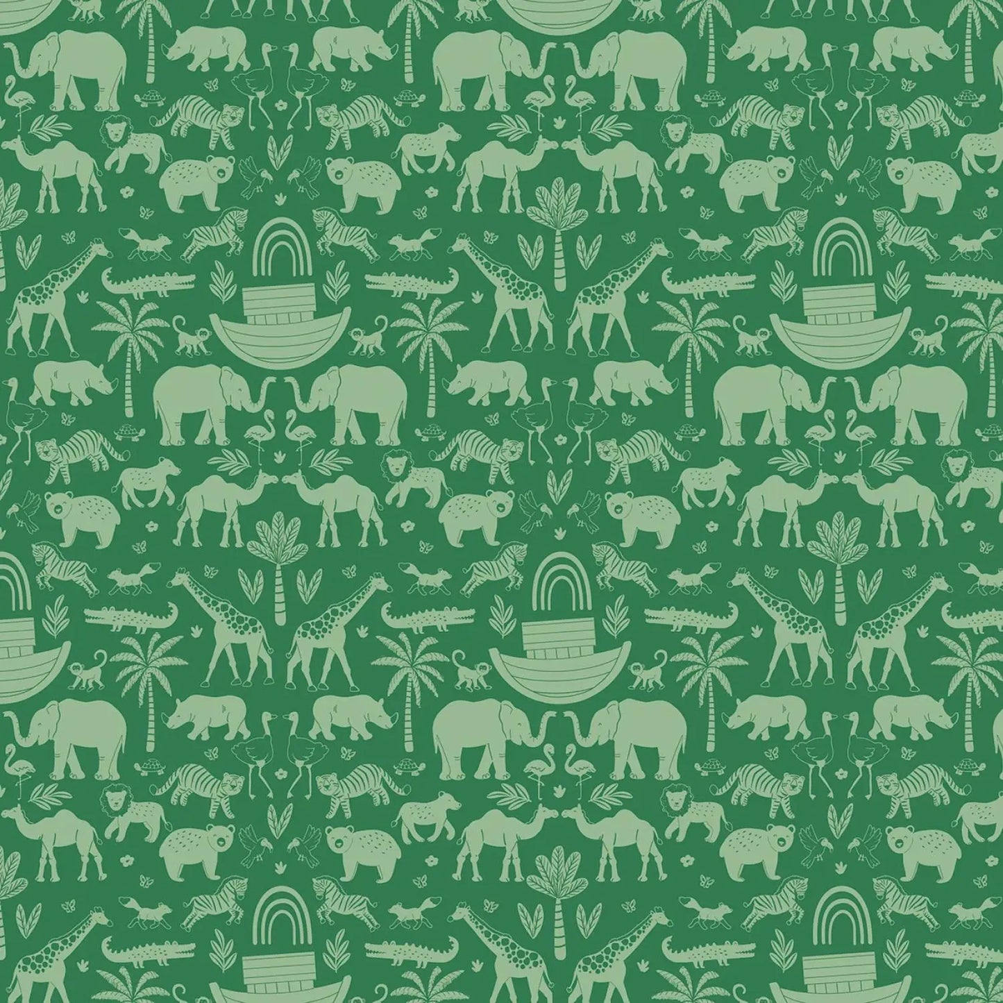 Pattern of green animals and Noah's Ark on a green background