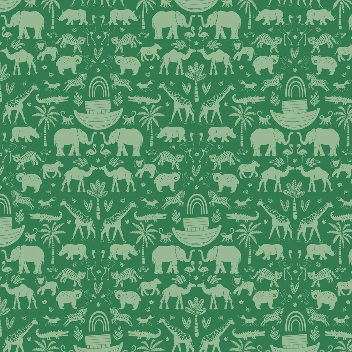 Pattern of green animals and Noah's Ark on a green background